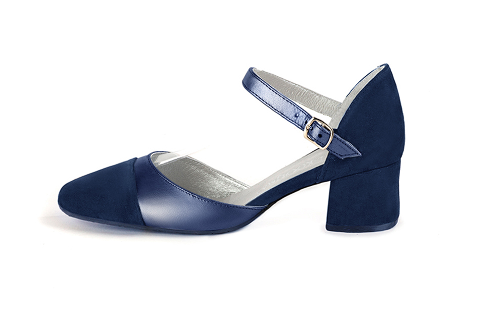 Women's navy blue and prussian blue open side dress shoes, with an instep strap. Round toe. Low flare heels - Profile view